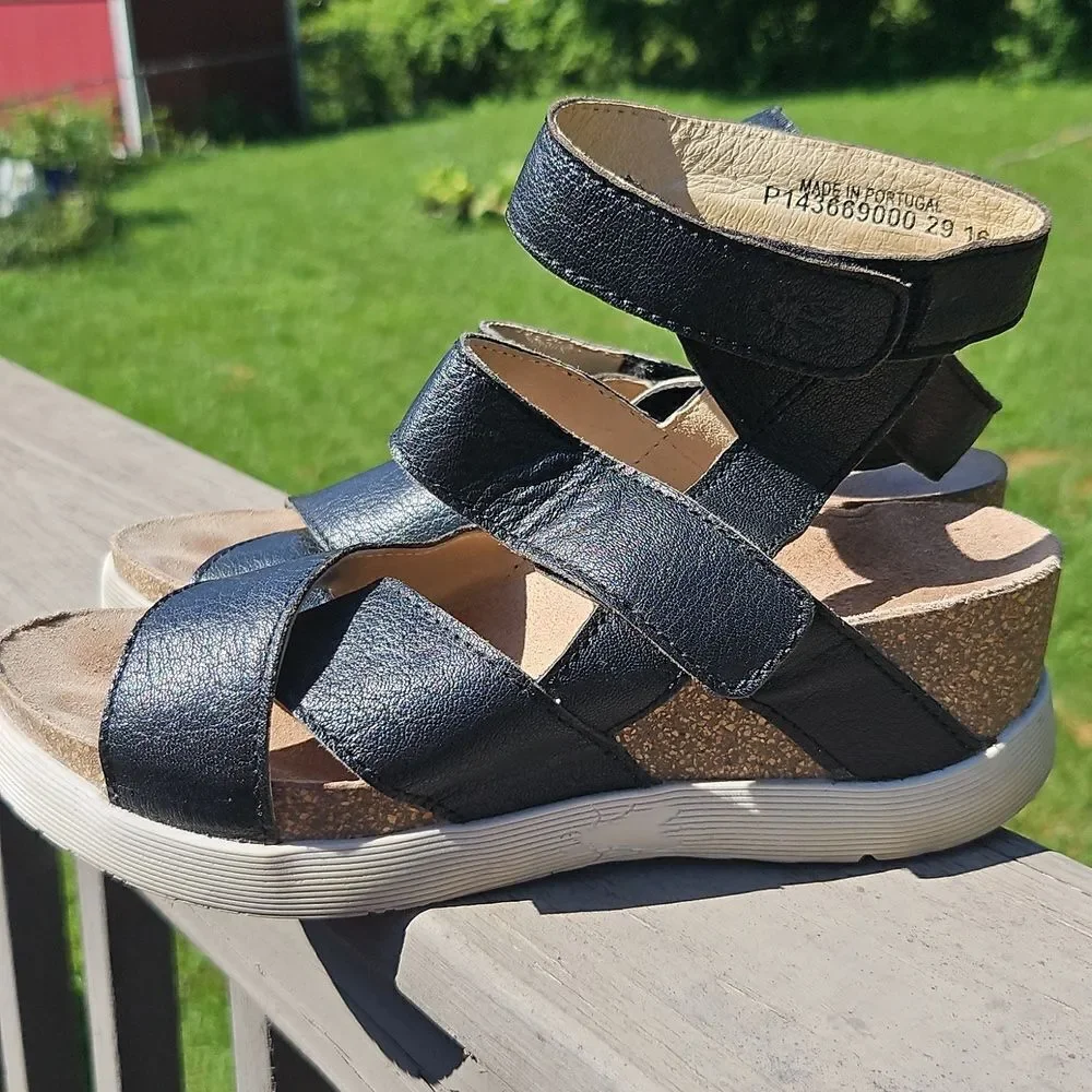 FLY London Black Leather Wedge Sandals Size 39